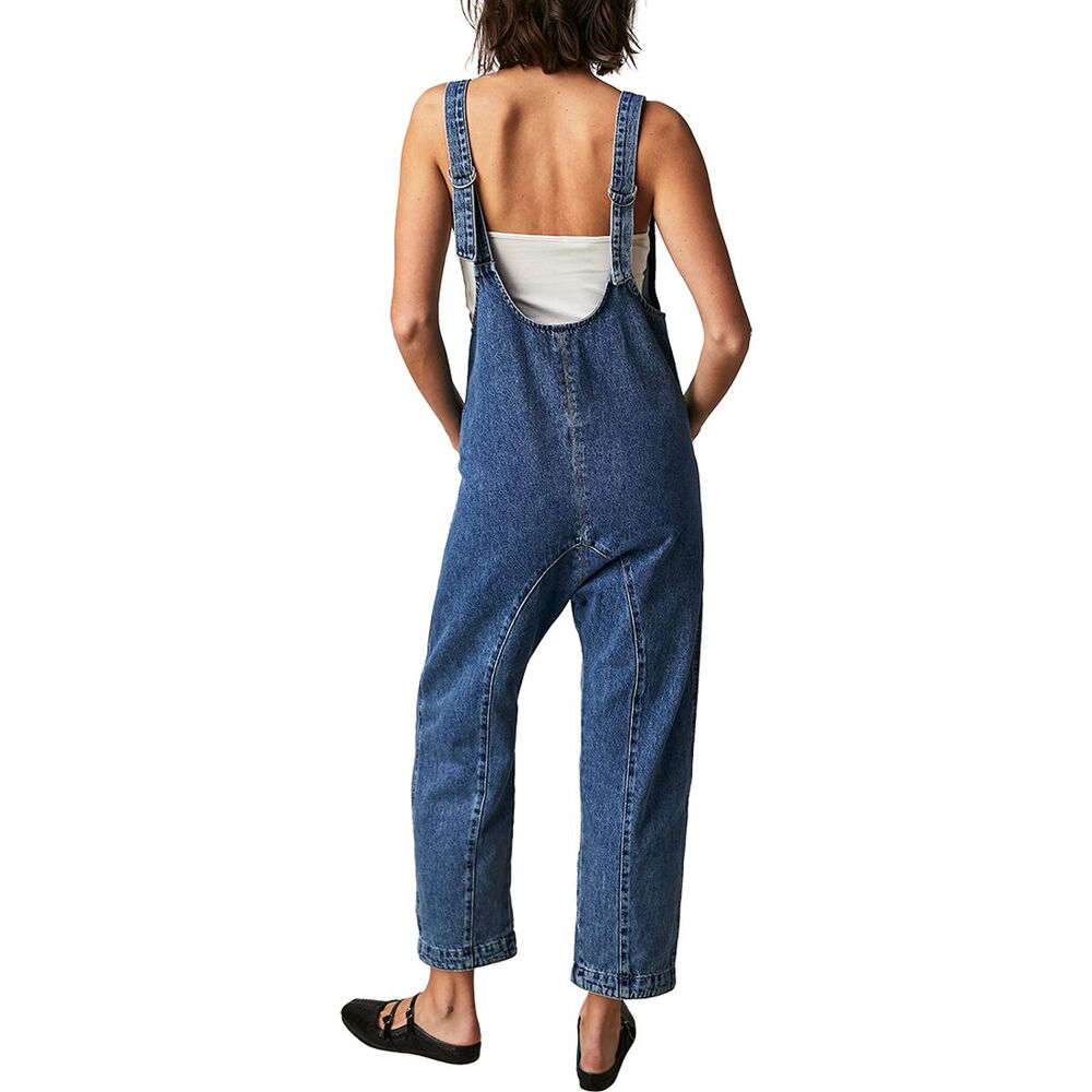Free People We The Free Sapphire Blue Cotton High Roller Relaxed Denim Jumpsuit - Picture 2 of 10